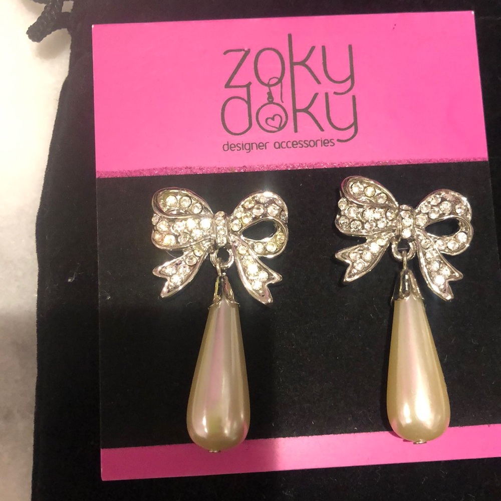 Pave Crystal Bow & Elongated Pearl Drop Earrings-Boutique